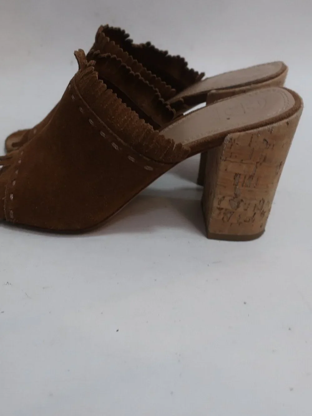Womens Tory Burch Huntington Brown Fringed Suede Cork Block Heeled Sandals 7.5